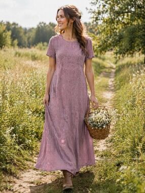 April Cornell Maxi Dress Mauve Floral Textured Size Short Sleeve Prairie Size S